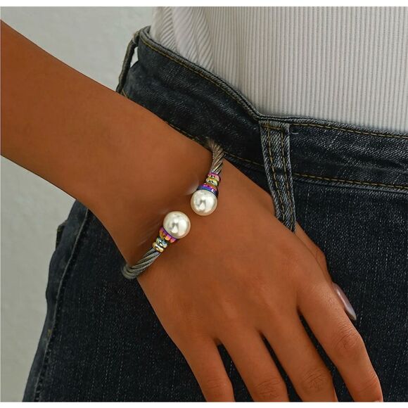 🌈 Iridescent Pearl Cuff Bracelet – Stainless Steel Rainbow Cable Design” - Picture 2 of 16
